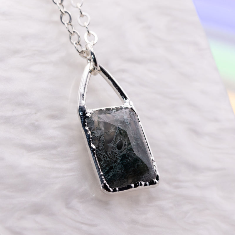 Faceted Moss Agate Rectangle Necklace