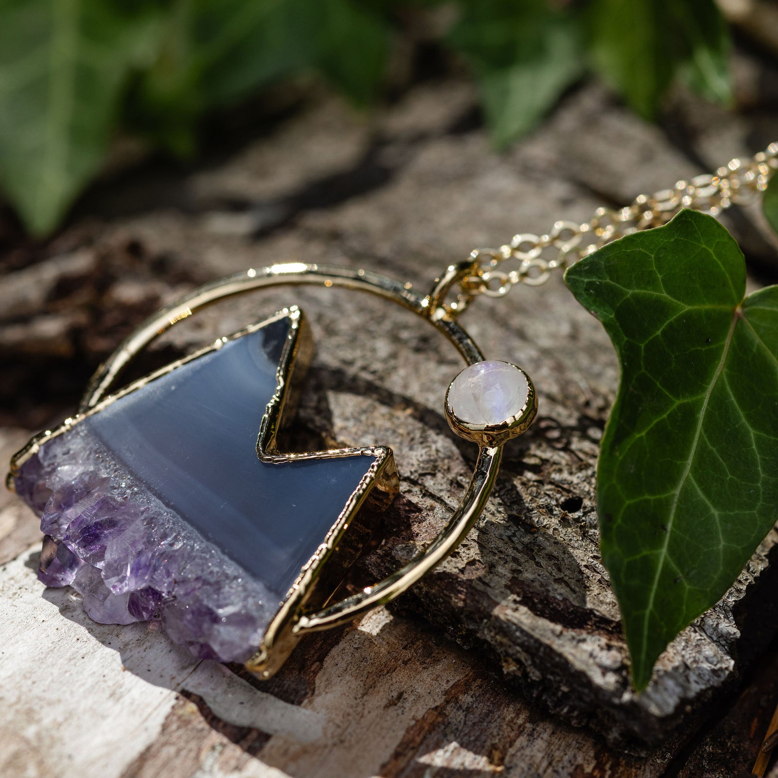 Amethyst Geode and high quality moonstone crystal Necklace