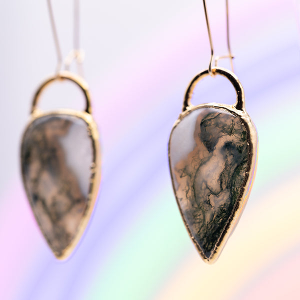 Moss Agate Inverted Teardrop Earrings