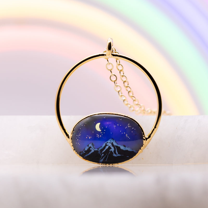 Aurora Opal Mountain w/ Moon Necklace